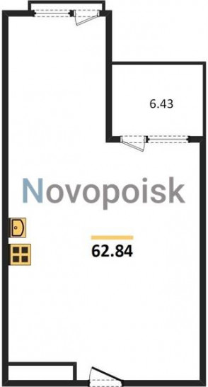 Однокомнатная квартира 62.84 м²