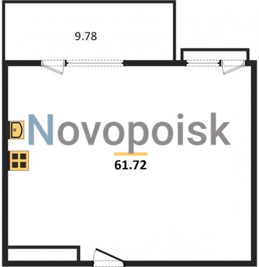 Однокомнатная квартира 61.72 м²
